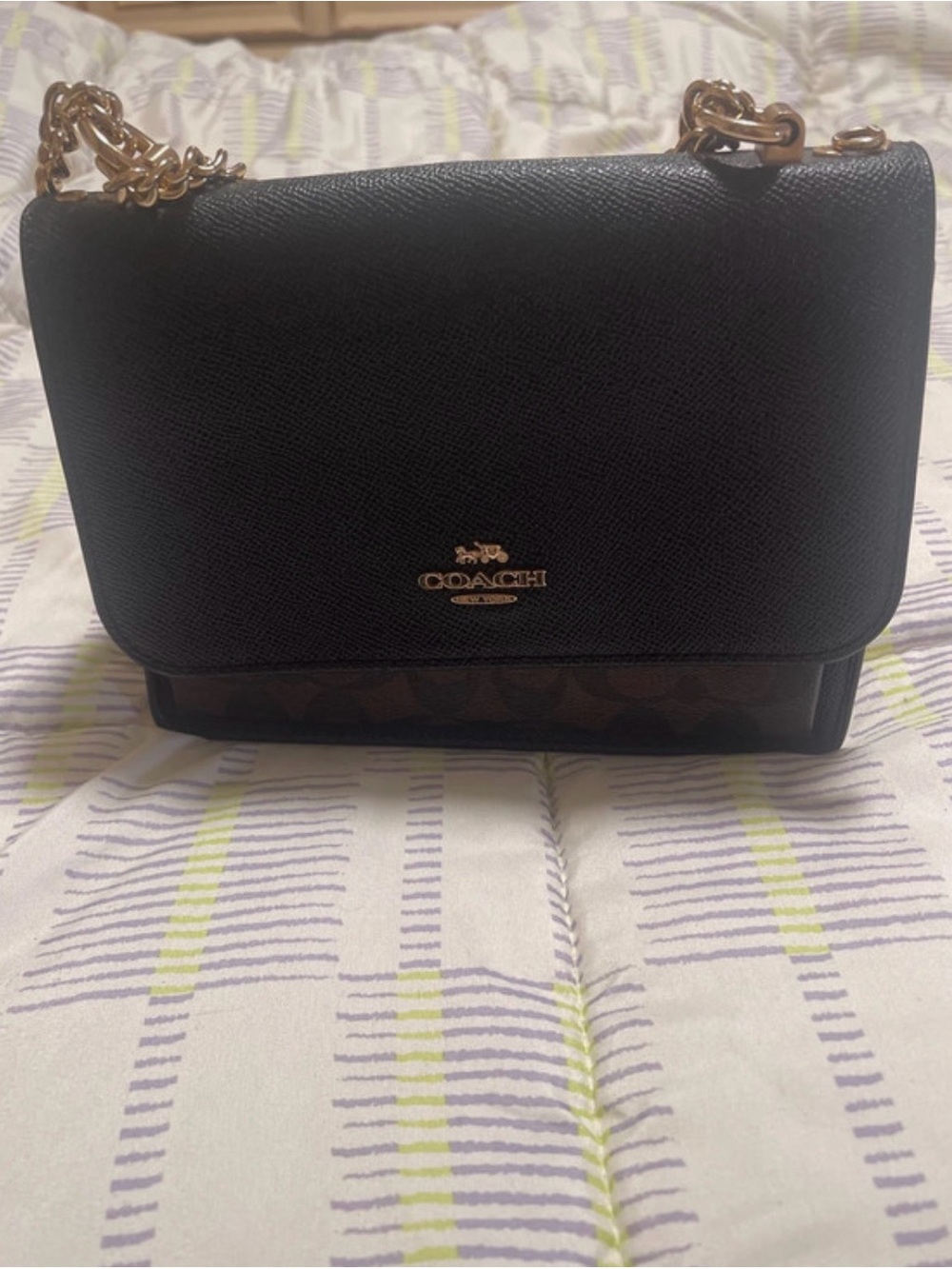 Coach Black Crossbody with Brown Signature Trim and Gold Hardware